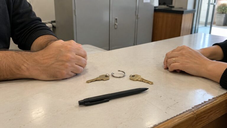 Mãos de um casal em lados opostos do balcão do cartório, com duas chaves de casa separadas e uma caneta