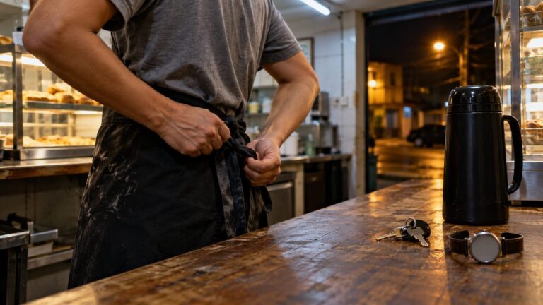 Trabalhador desamarrando o avental no fim do expediente, à noite, em balcão de padaria, com garrafa térmica, chaves e relógio