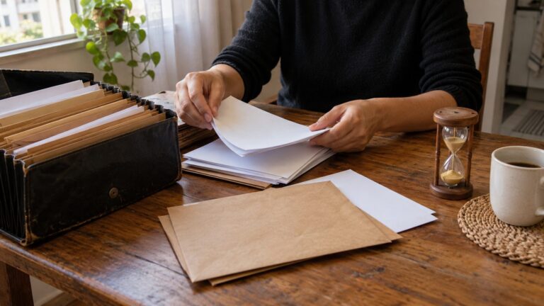 Pessoa organizando envelopes e documentos de trabalho em pasta sanfonada sobre a mesa, ao lado de uma ampulheta